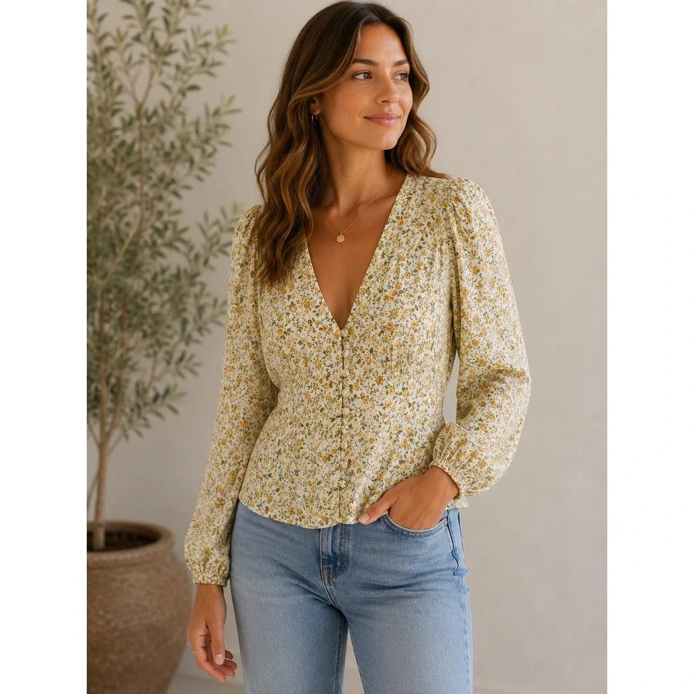 Reformation Floral Long Sleeve Button Front Top White Yellow Small Country NWT